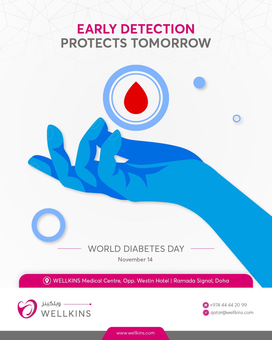 Early detection protects tomorrow.#WorldDiabetesDay
Let's create awareness and help reduce the risk of its life-threatening complications. It's time to ensure that people living with Diabetes get the best access to care and education. This year’s theme is Access to diabetes care which aims to highlight the importance of the prevention of diabetes.
.
.
.
_______________________________
To learn more about #WELLKINSQATAR and our services, kindly visit our website www.wellkins.com
Helpline: 4444 2099
_______________________________
#Wellkinsqatar #wellkins #medicalcentre #Qatar2022
