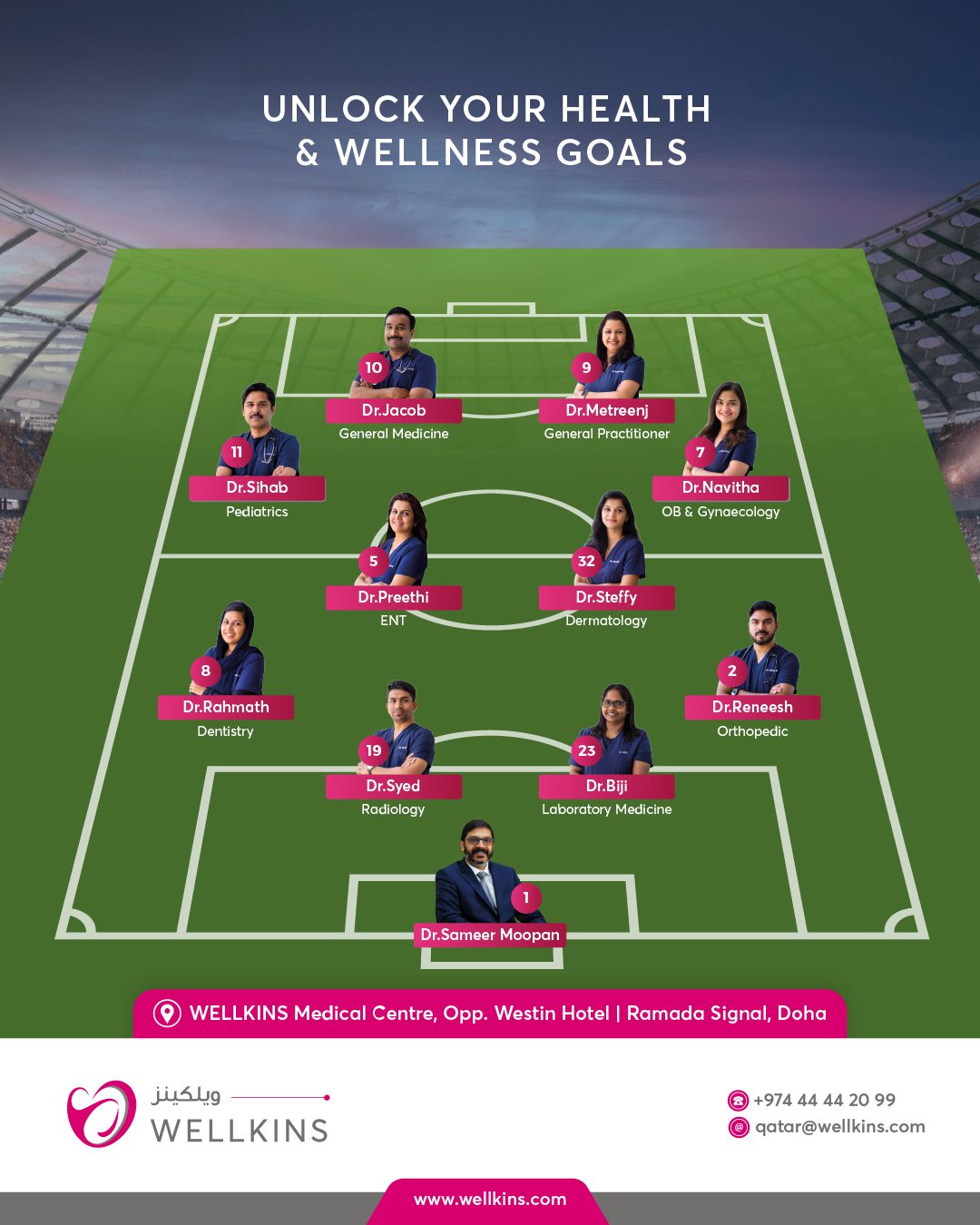 Unlock your health & wellness goals with WELLKINS Medical Centre, Opp. Westin Hotel, Ramada, Doha.
.
.
.
.
_______________________________
To learn more about #WELLKINSQATAR and our services, kindly visit our website www.wellkins.com
Helpline: 4444 2099
_______________________________
#Wellkinsqatar #wellkins #medicalcentre #qatar2022
